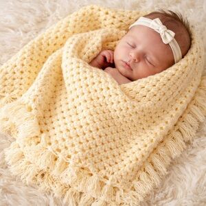 Hand-Crocheted Baby Blanket • Soft Cream Yellow • 37” x 39” • New